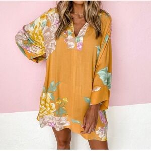 Z Supply Tunic Top Swimsuit Cover Up  Medium Yellow Floral Rayon Kimono Sleeve